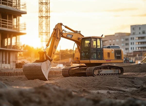 Excavator digging on a building site at sunset
